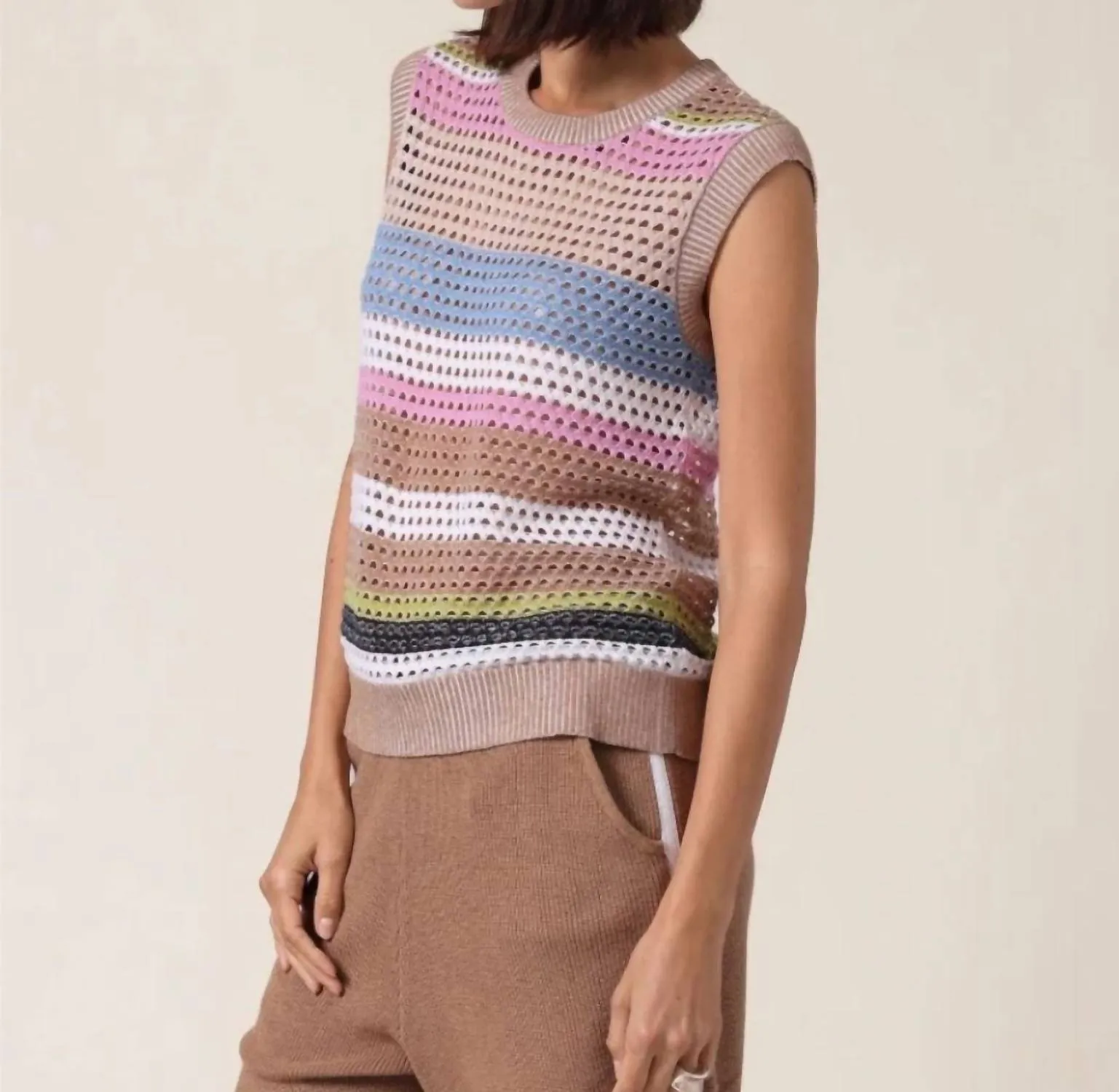 Plaited Mesh Stripe Tank Top In Camel