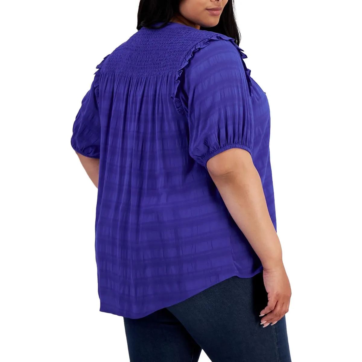 Plus Womens Smocked Button-Down Blouse