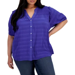 Plus Womens Smocked Button-Down Blouse