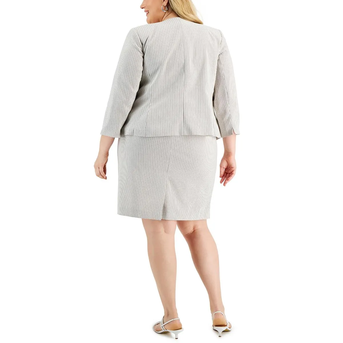 Plus Womens Striped Open Front Collarless Blazer
