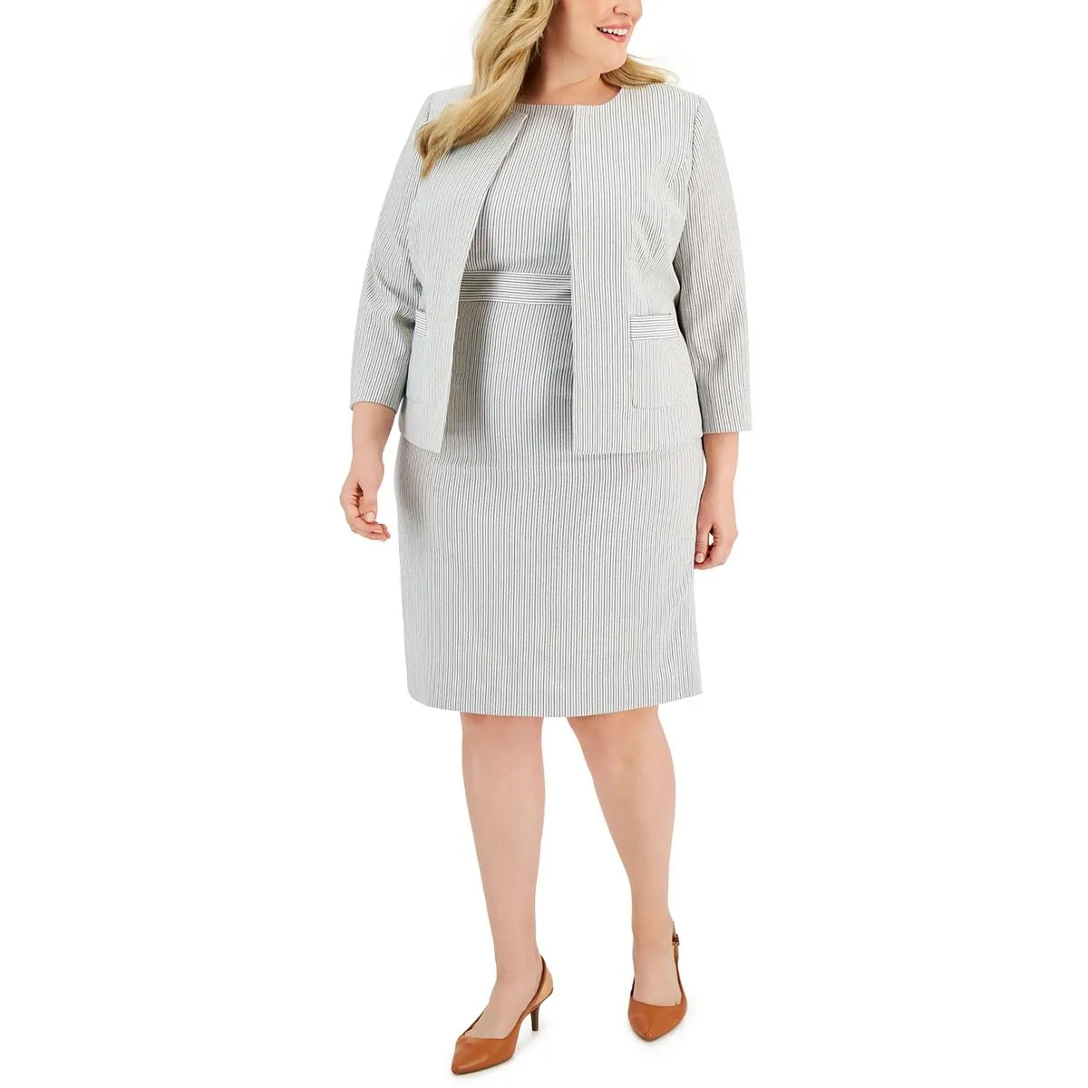 Plus Womens Striped Open Front Collarless Blazer