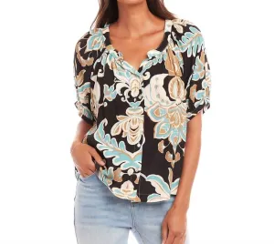 Print Chiffon Peasant Sleeves Top In Black/taupe