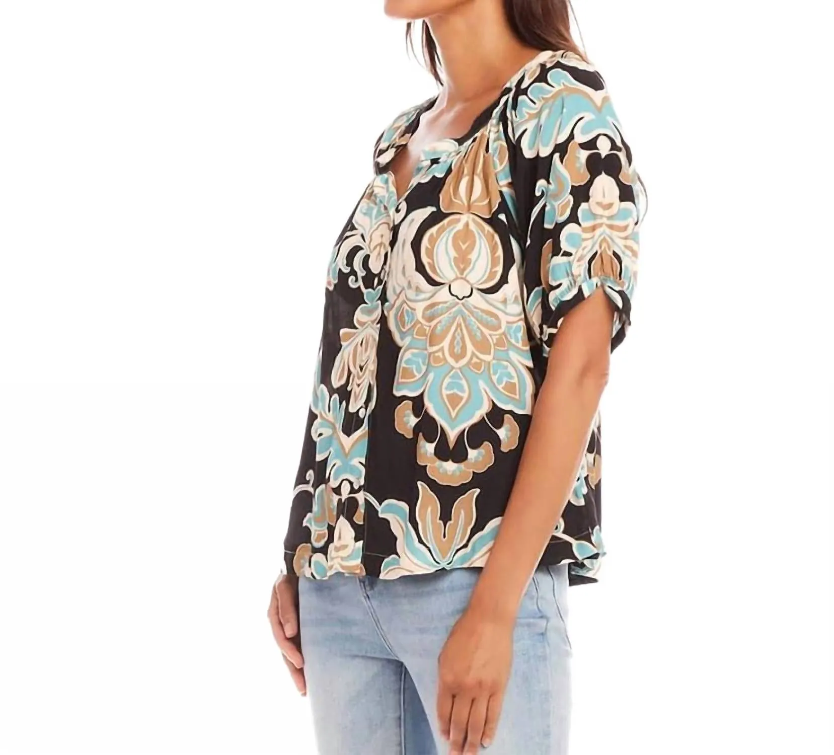 Print Chiffon Peasant Sleeves Top In Black/taupe