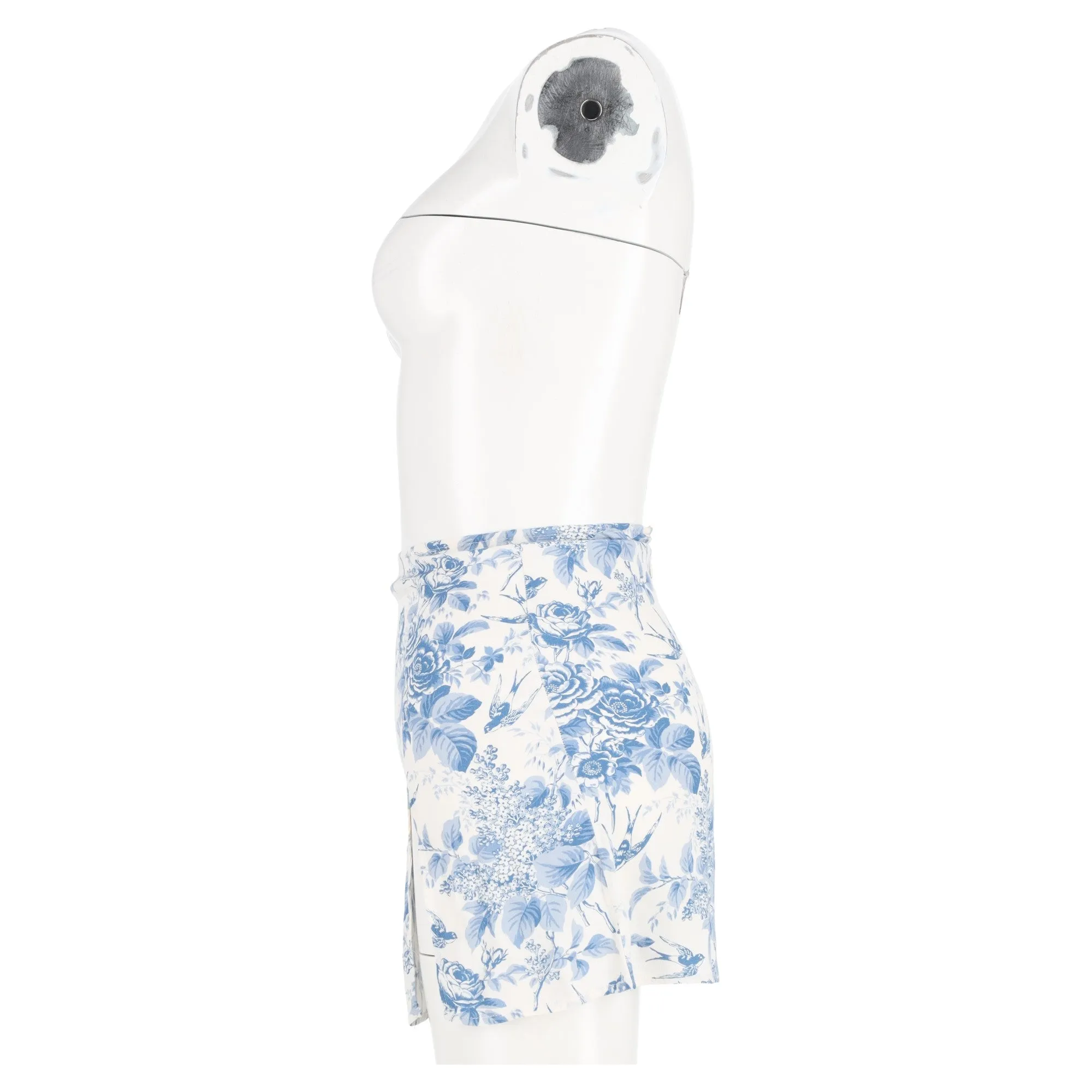Reformation Margot Floral Print Mini A-Line Skirt with Slit in Blue Viscose