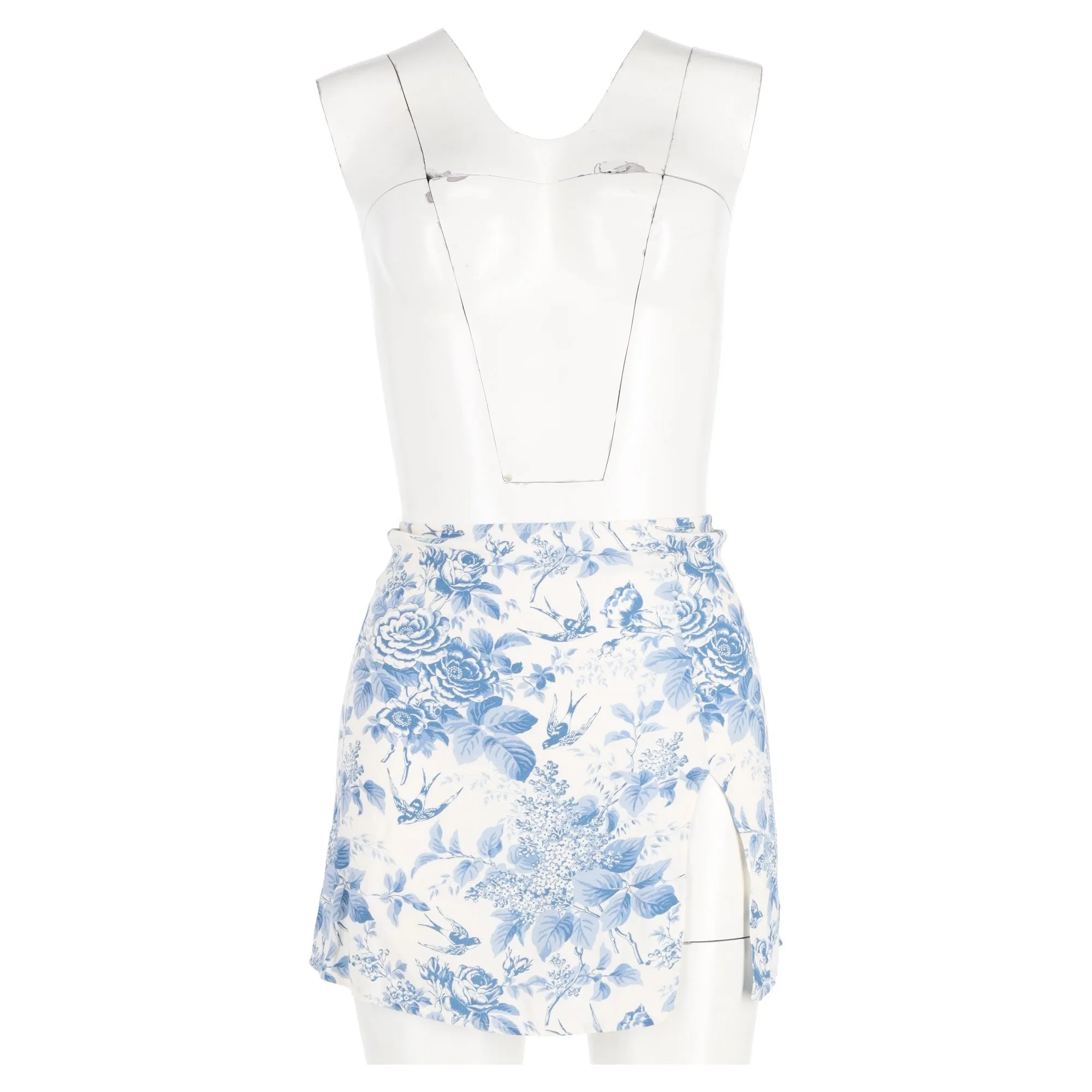 Reformation Margot Floral Print Mini A-Line Skirt with Slit in Blue Viscose
