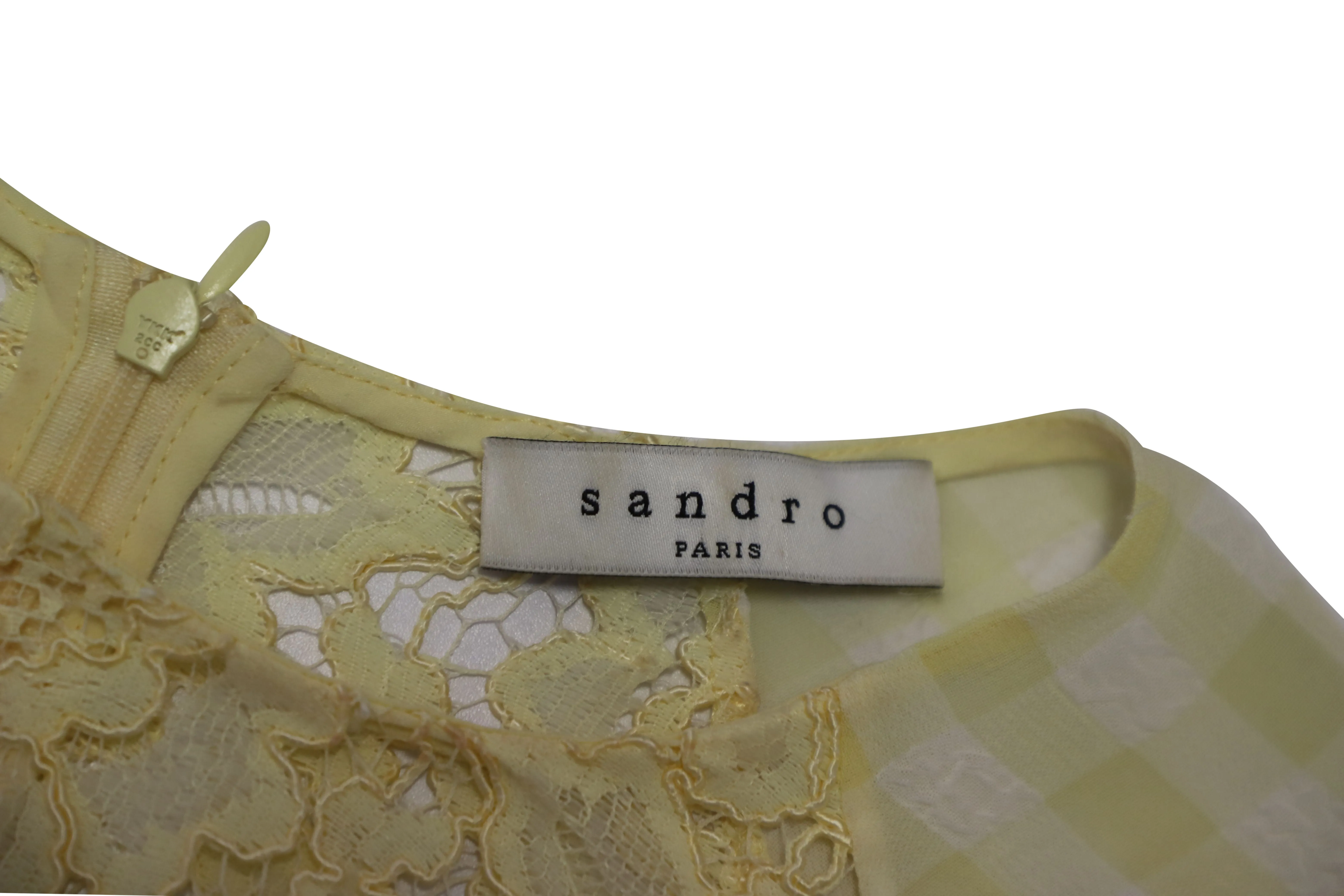 Sandro Paris Checkered and Lace Sleeveless Top in Yellow Cotton