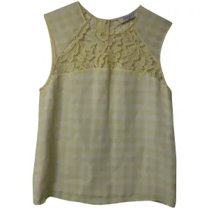 Sandro Paris Checkered and Lace Sleeveless Top in Yellow Cotton