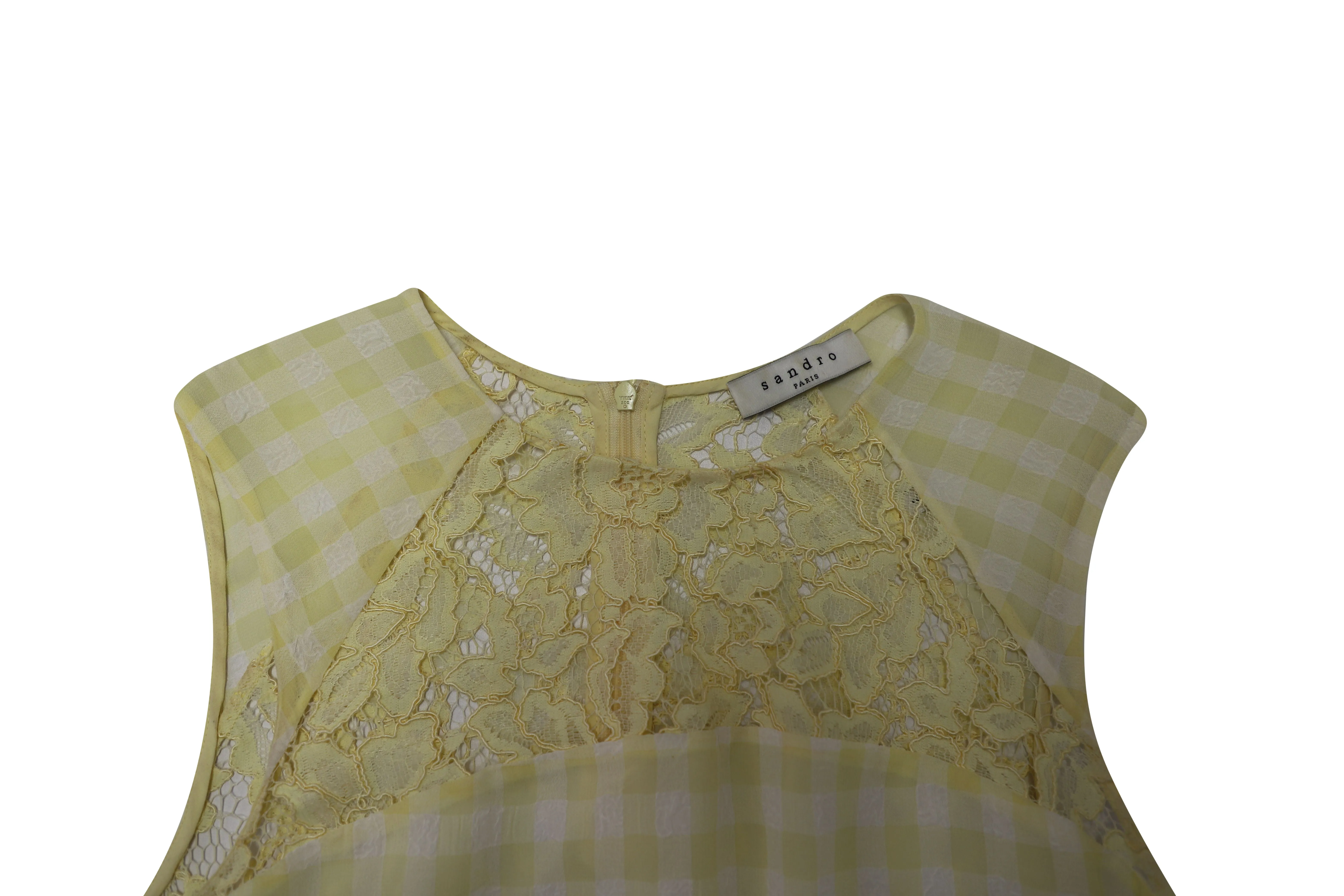 Sandro Paris Checkered and Lace Sleeveless Top in Yellow Cotton