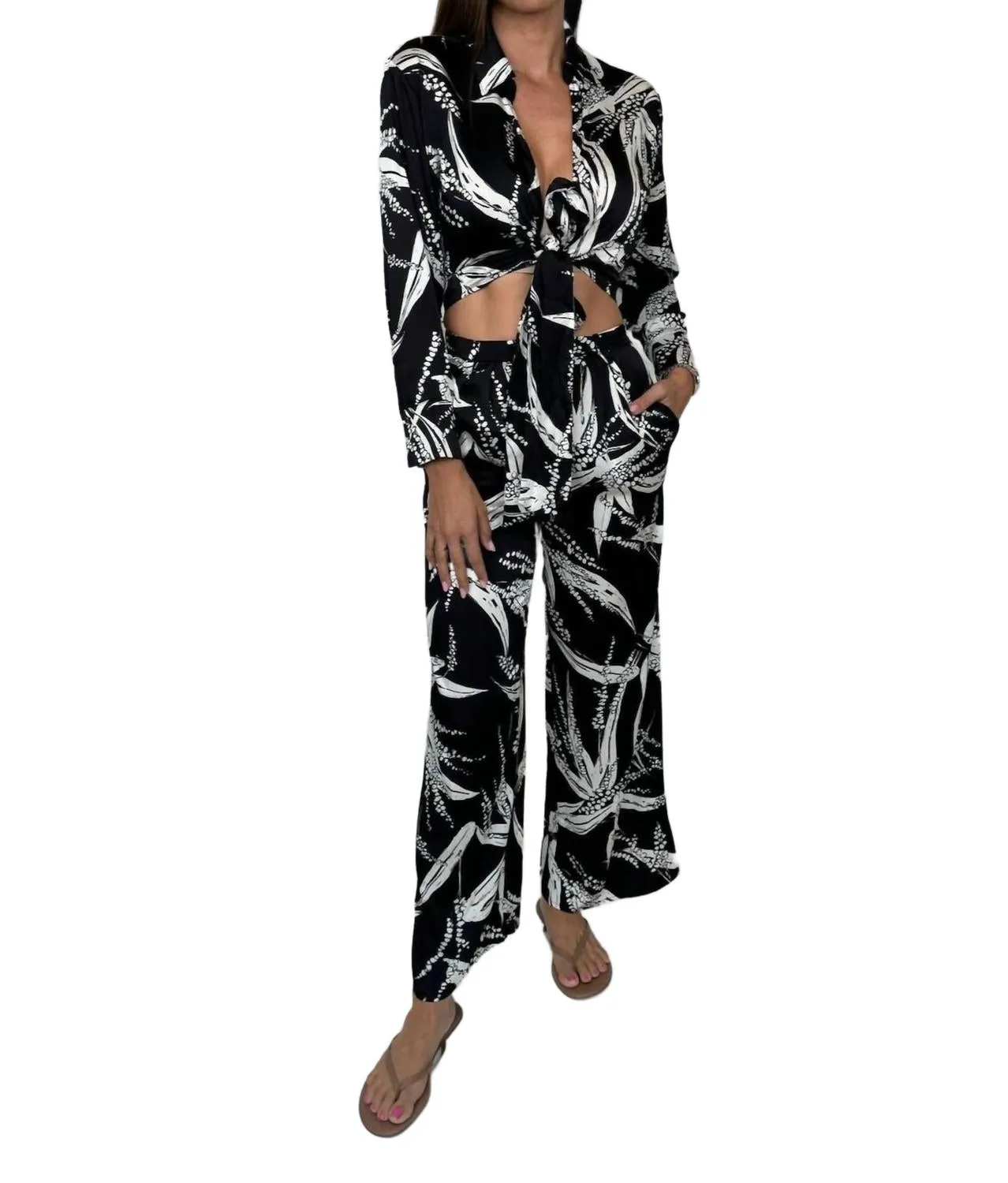 Satin Printed Tie Front Blouse In Black