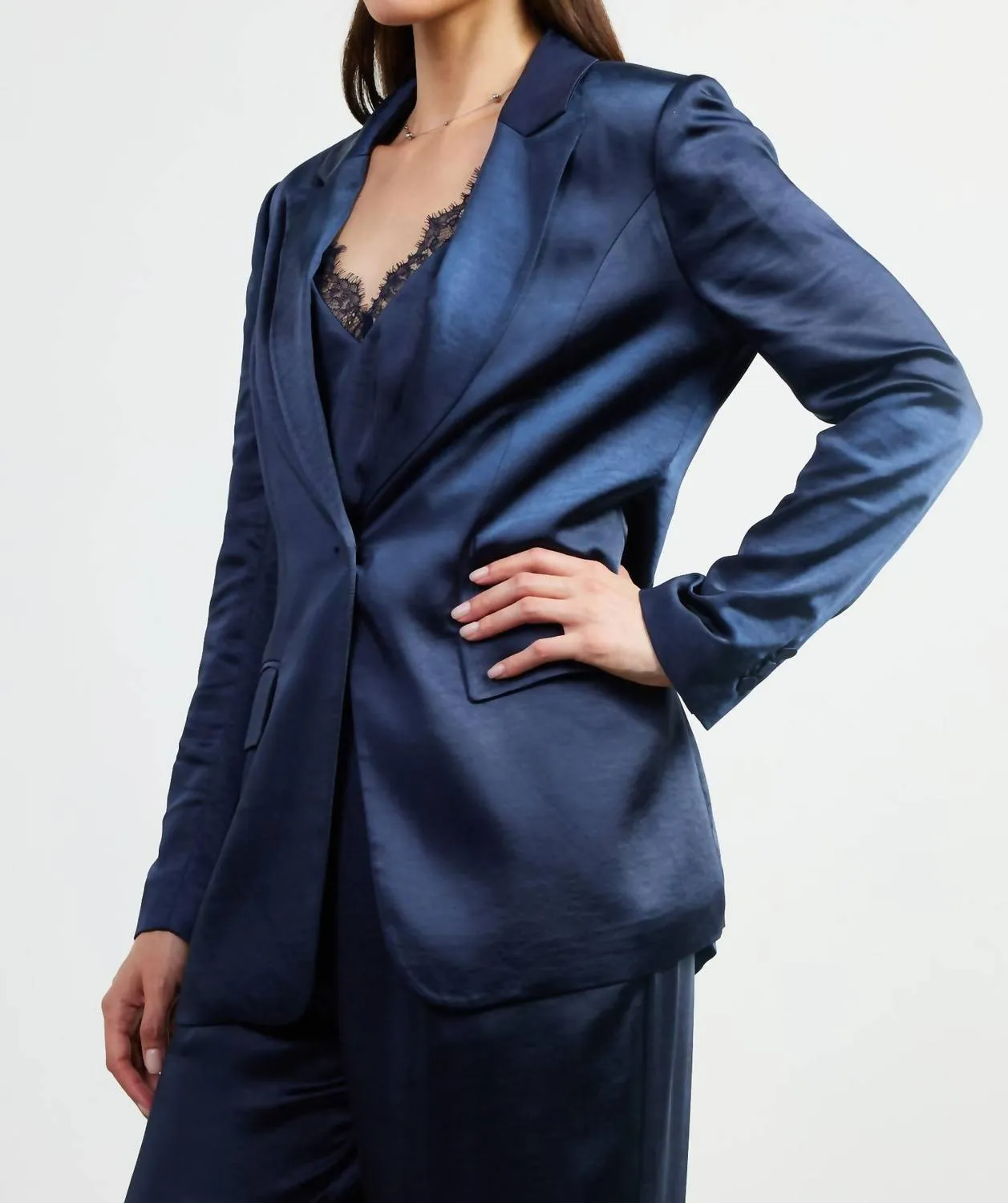 Satin Tailored Blazer In Navy