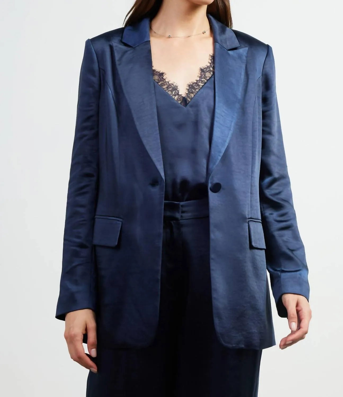 Satin Tailored Blazer In Navy