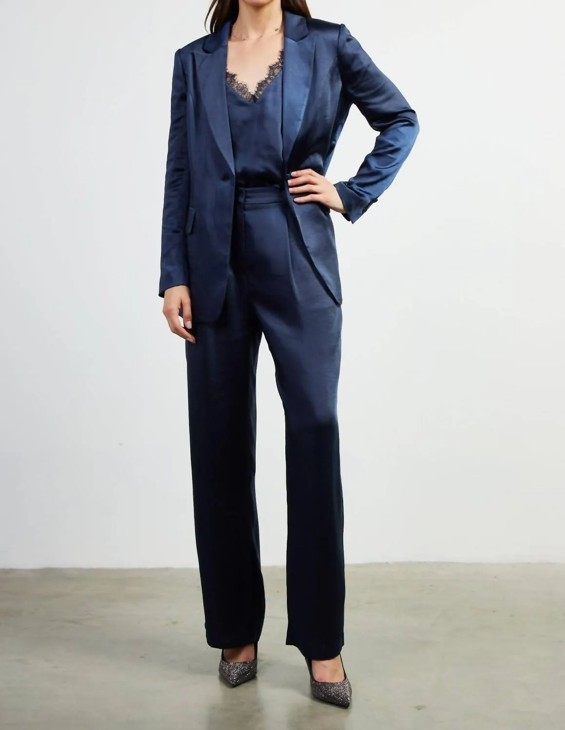 Satin Tailored Blazer In Navy