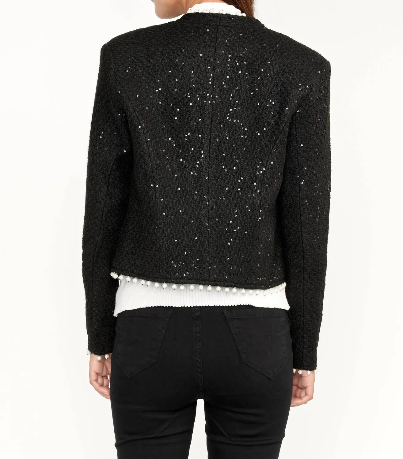 Sequin Bolero Jacket With Pearls In Black