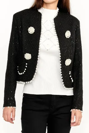 Sequin Bolero Jacket With Pearls In Black