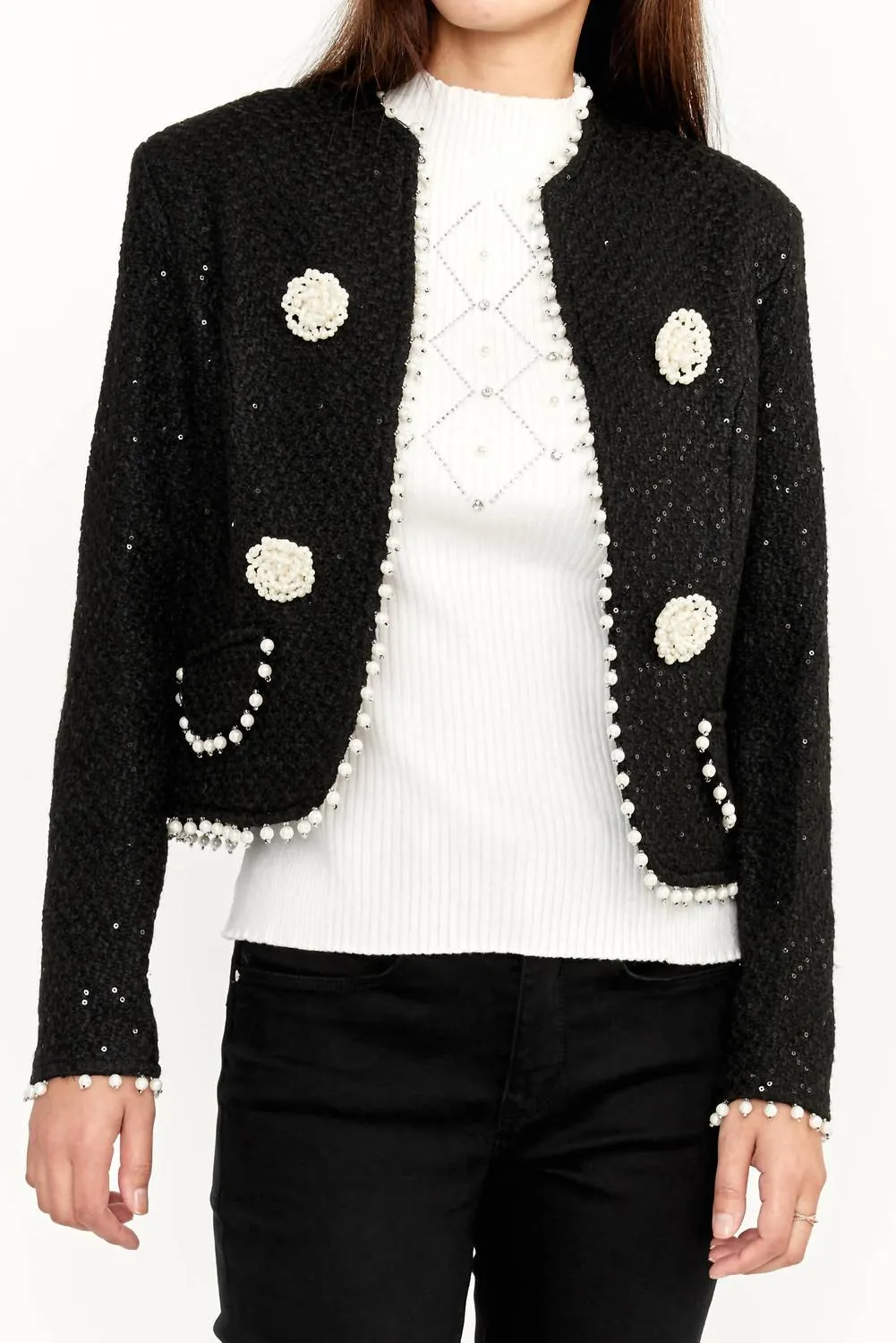 Sequin Bolero Jacket With Pearls In Black