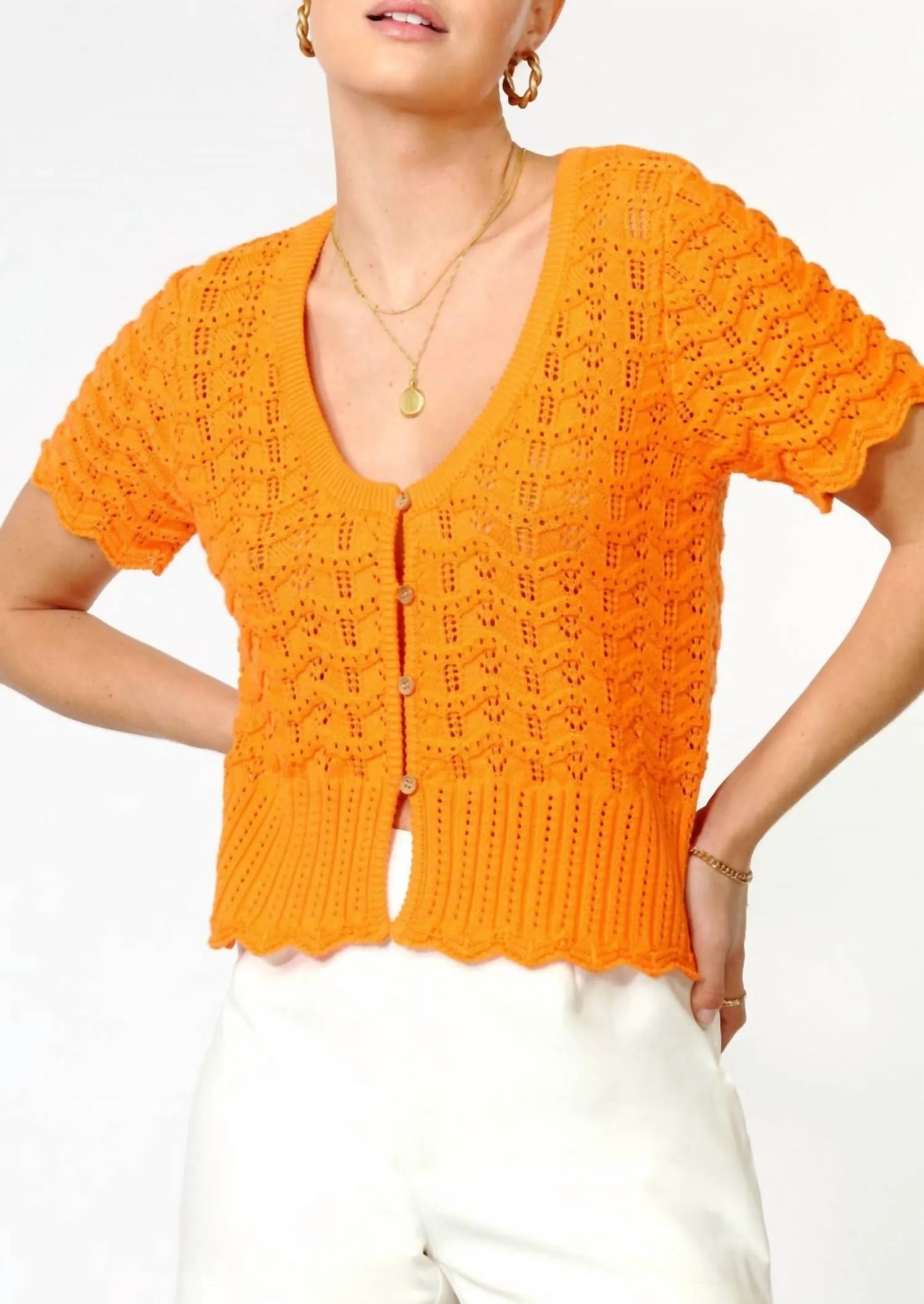 Shanti Scalloped Open Neck Cardigan In Orange