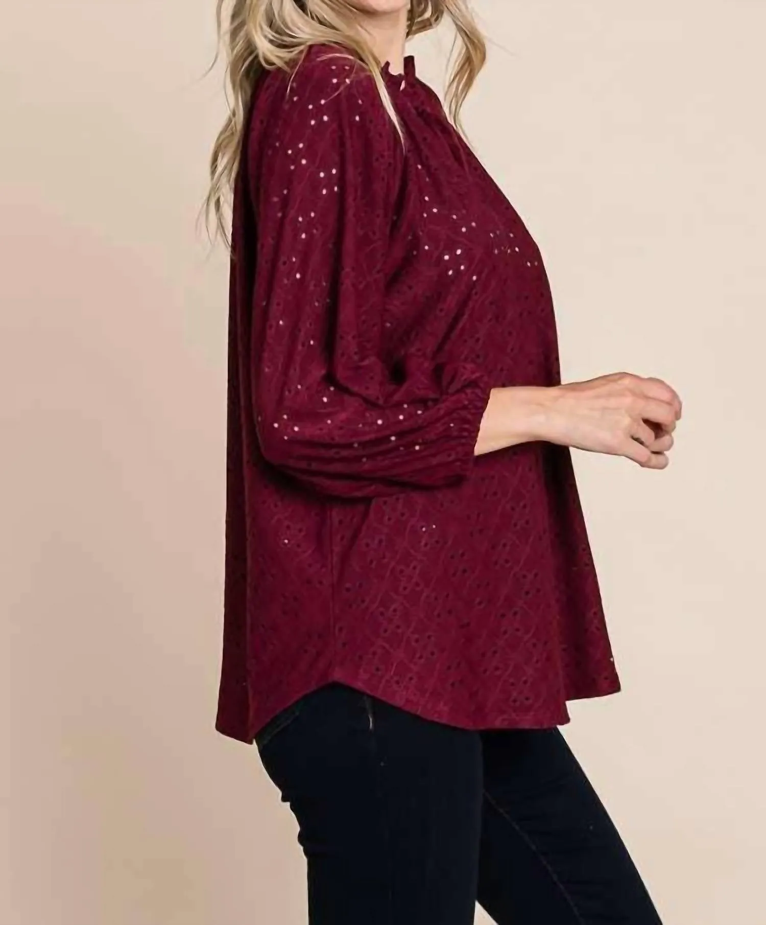 Shirred Raglan 3/4 Sleeve Top In Red Wine
