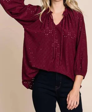 Shirred Raglan 3/4 Sleeve Top In Red Wine