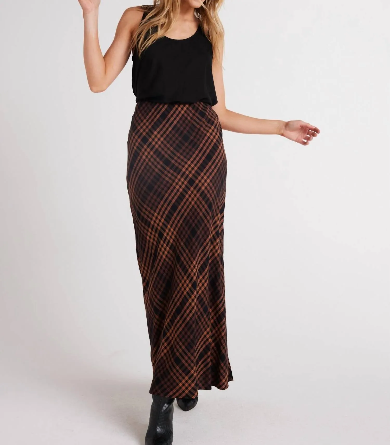 Side Slit Bias Maxi Skirt In Autumn Ember Plaid