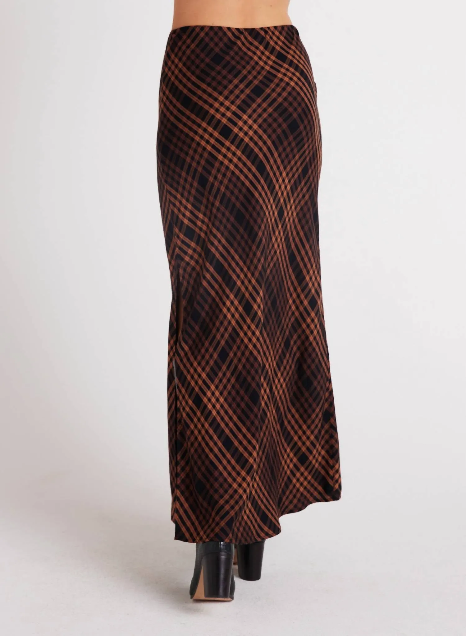 Side Slit Bias Maxi Skirt In Autumn Ember Plaid