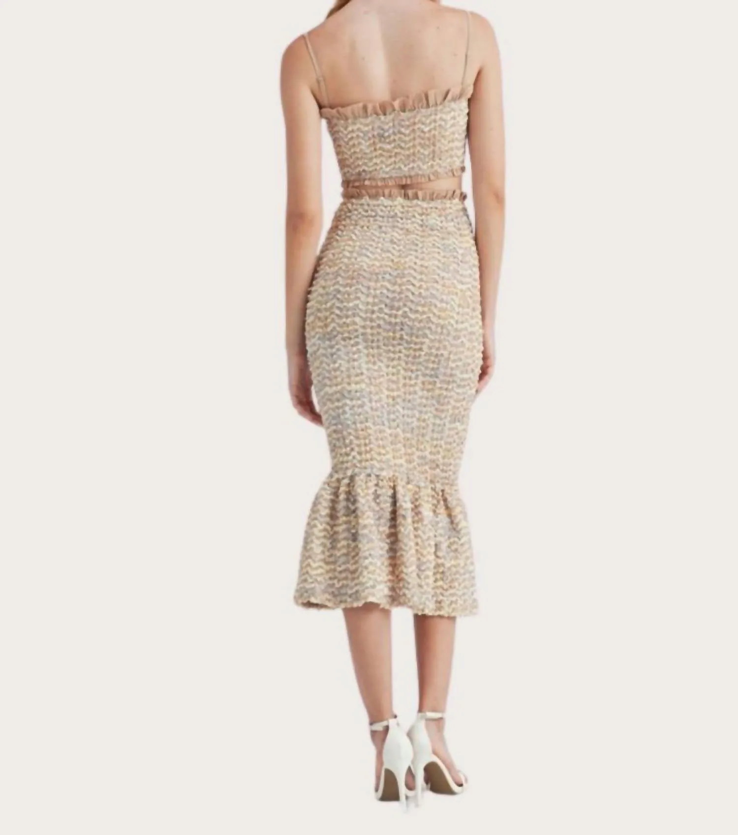 Smocked Ruffle Midi Skirt In Beige