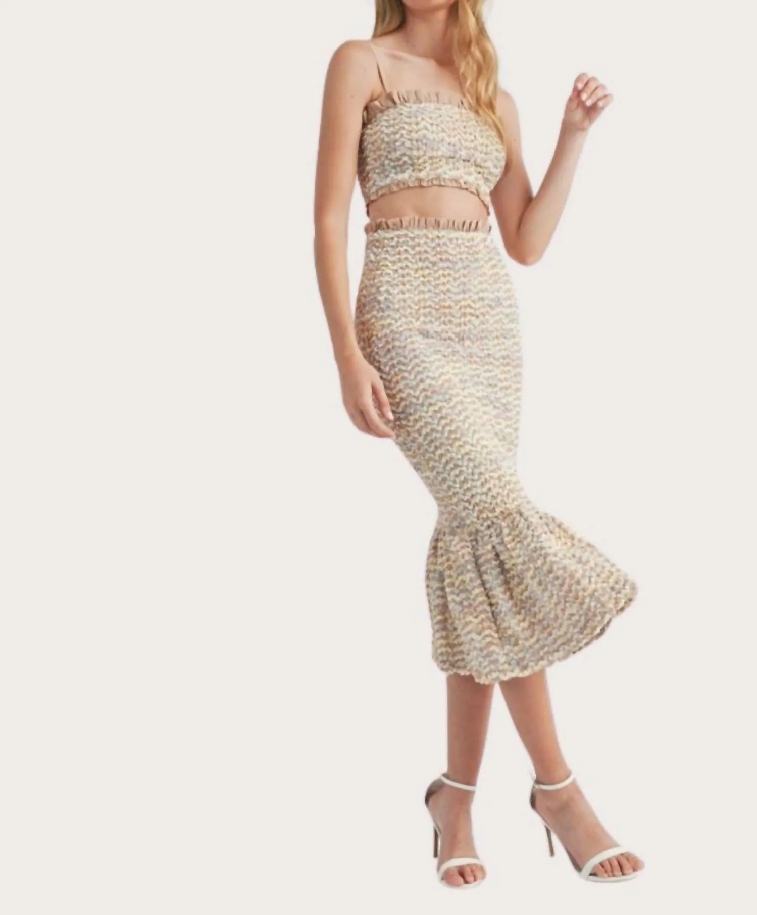 Smocked Ruffle Midi Skirt In Beige