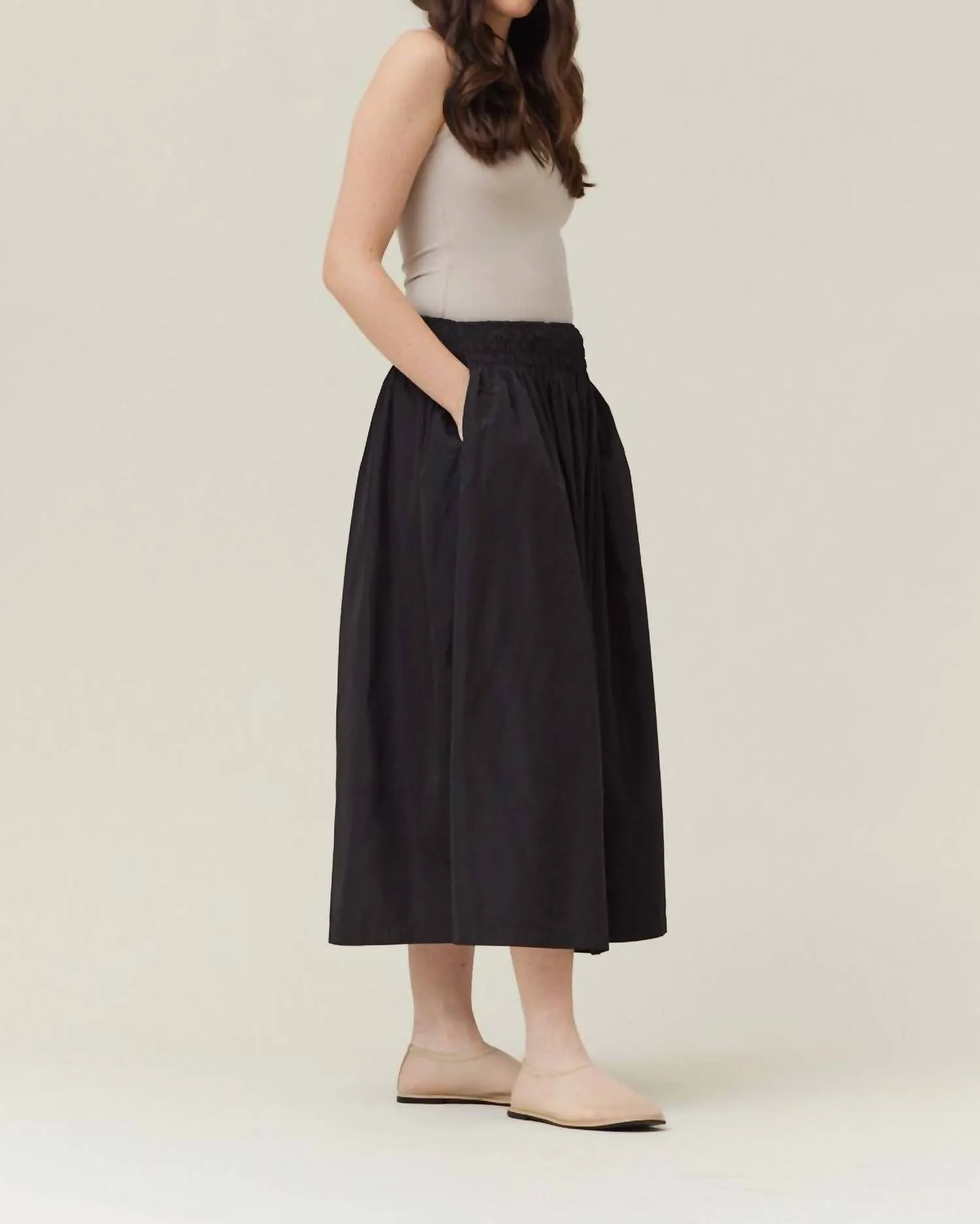 Smocked Waist Midi Skirt In Black