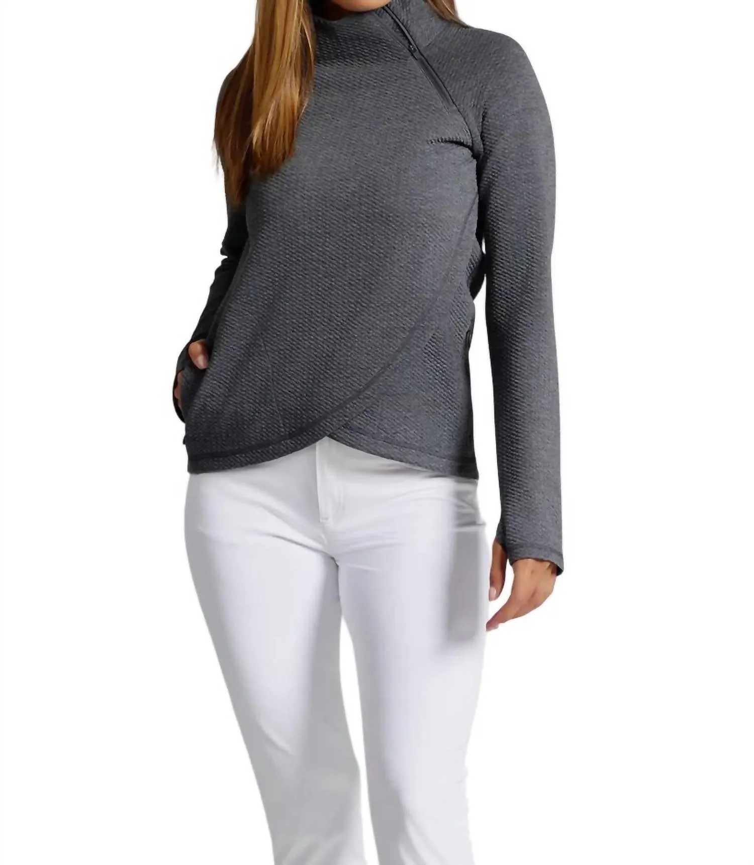 Solid Popcorn Stitch Asymmetrical Zip Pullover In Black