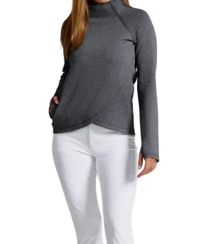 Solid Popcorn Stitch Asymmetrical Zip Pullover In Black