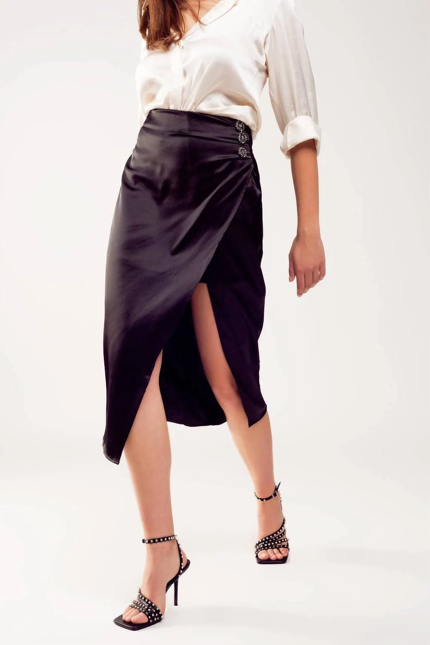 Split Front Midi Skirt In Black