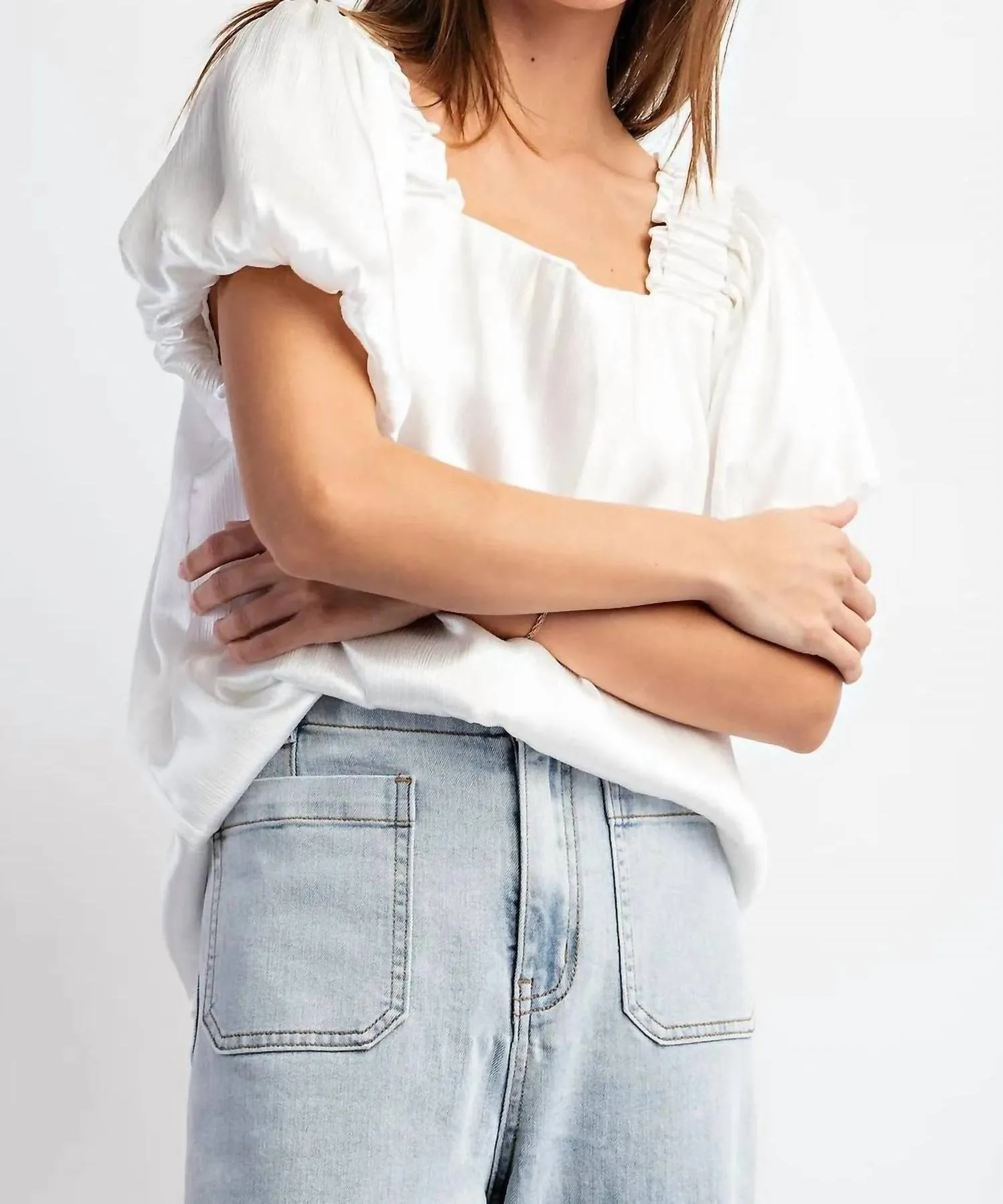 Square Neck Satin Top In White