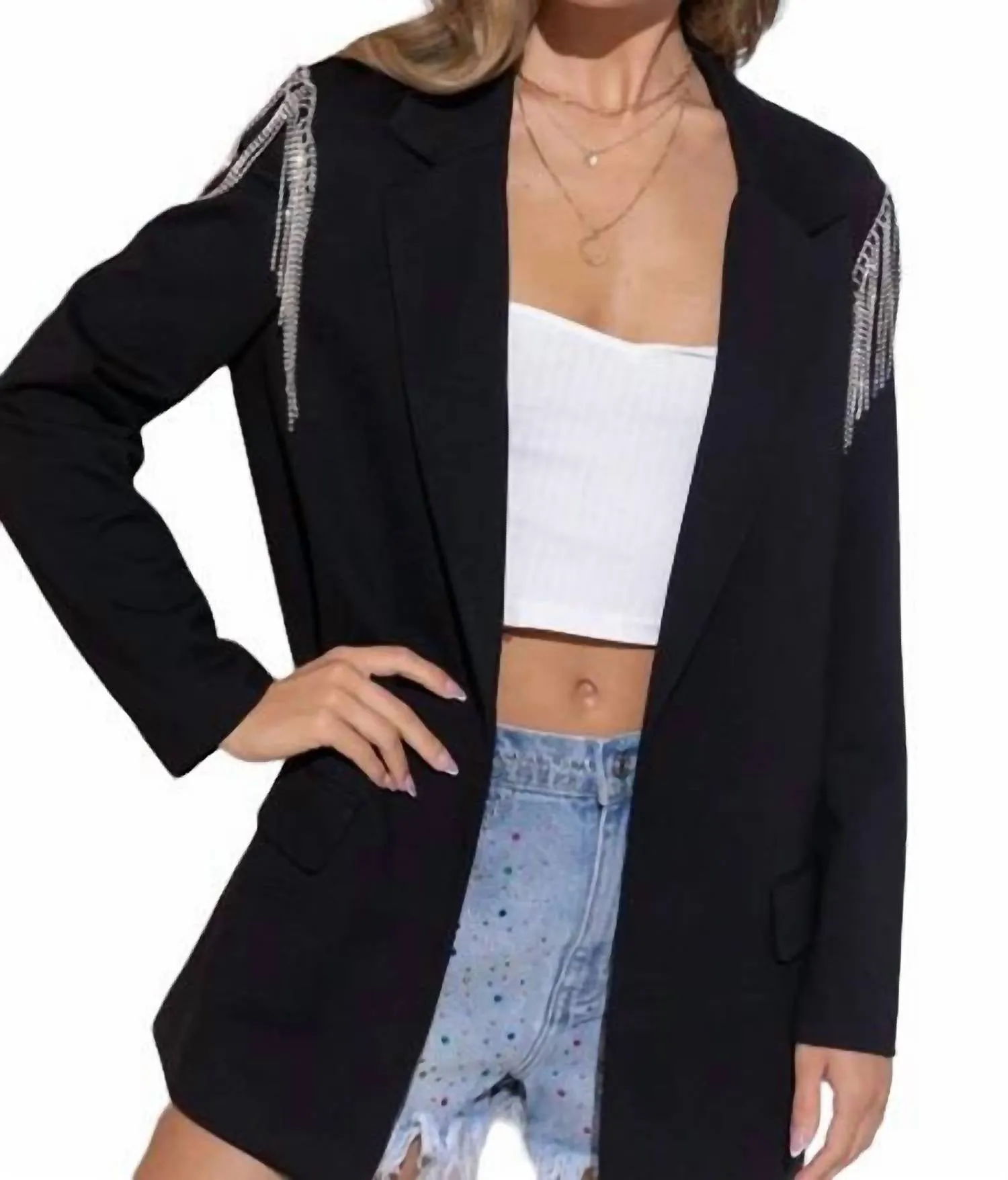 Stretch Boyfriend Rhinestone Blazer In Black
