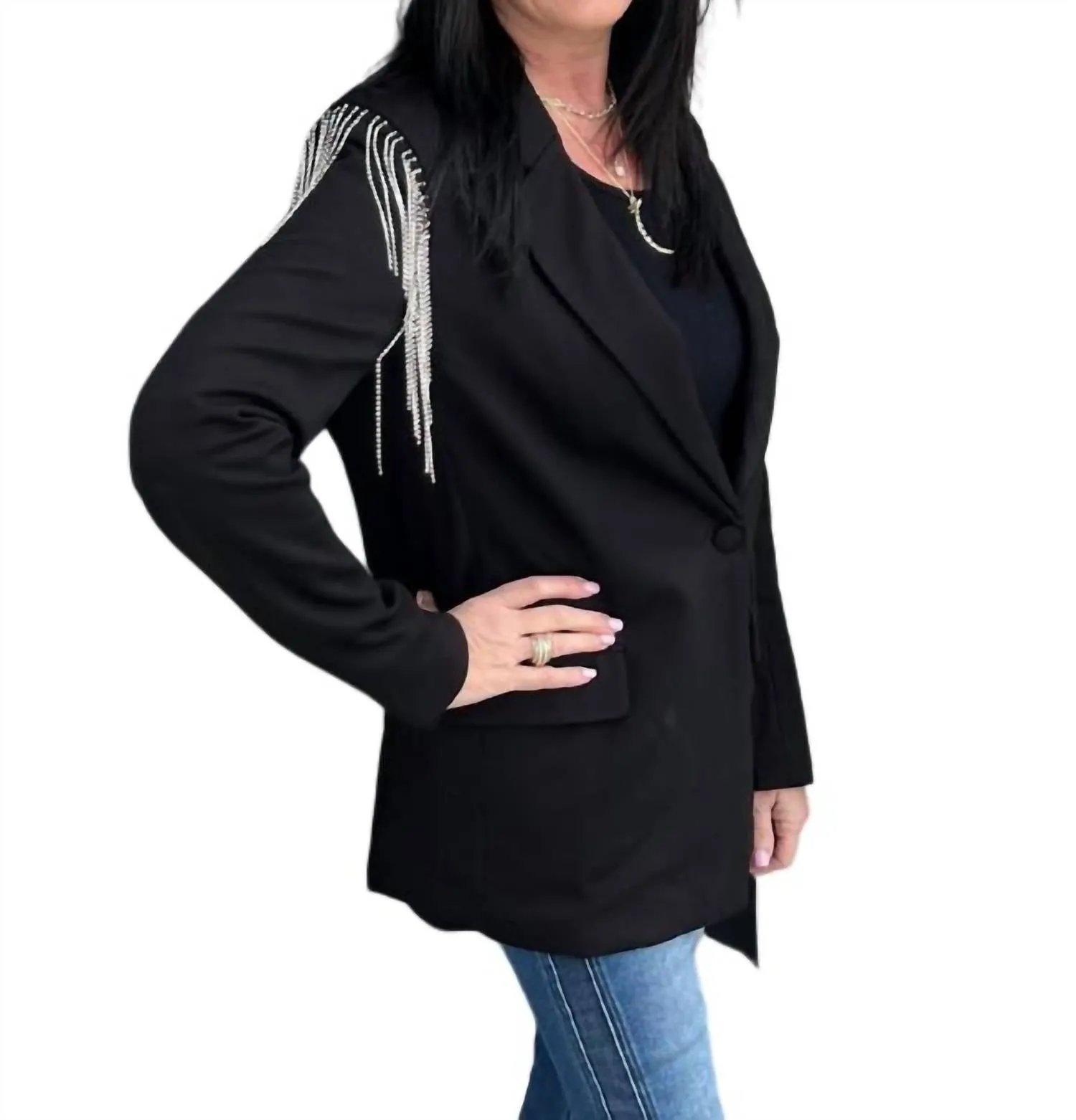Stretch Boyfriend Rhinestone Blazer In Black