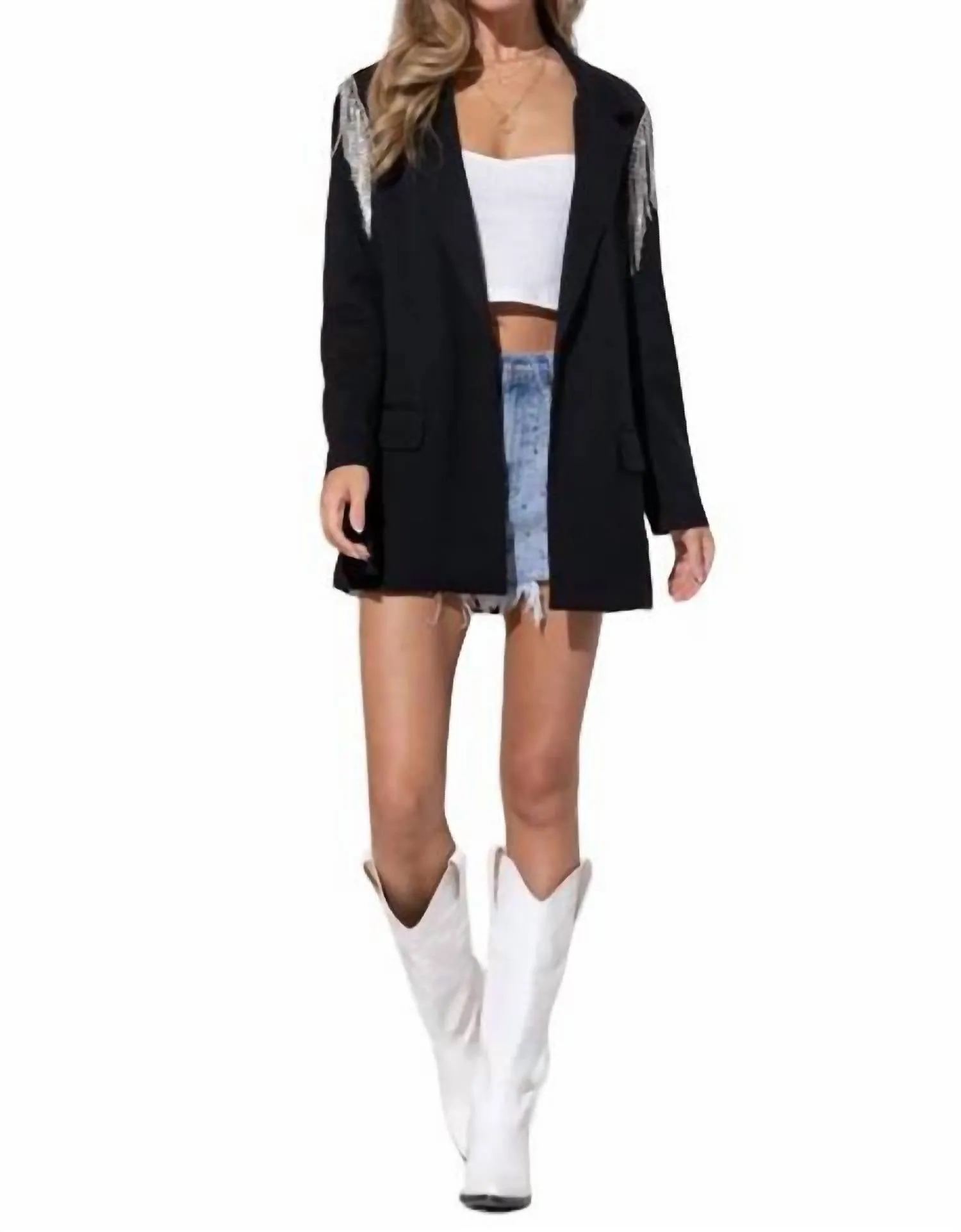Stretch Boyfriend Rhinestone Blazer In Black