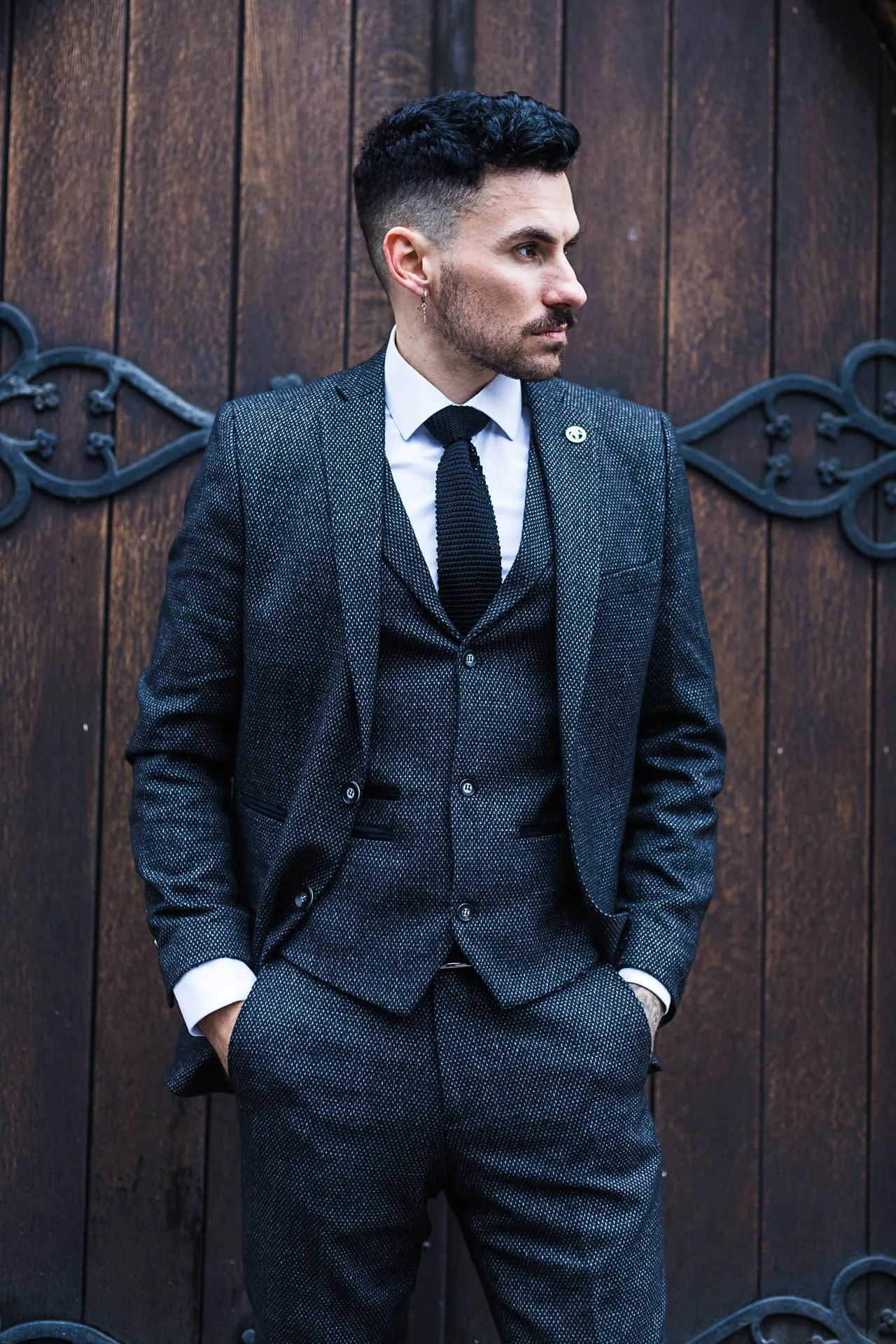 STZ14 Black Wool 3 Piece Suit Tweed