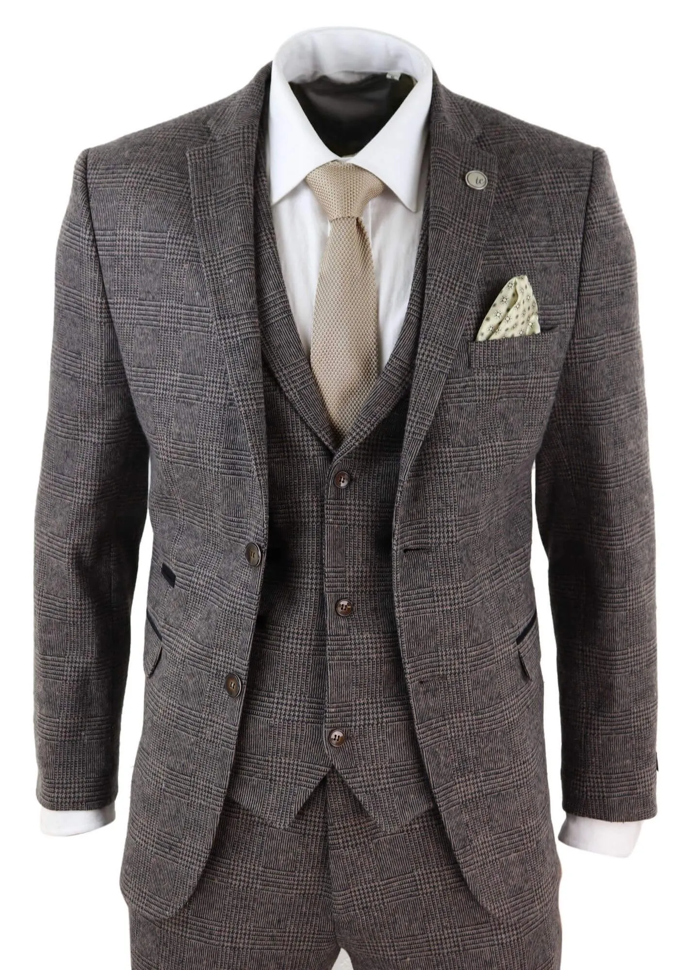 STZ17 Wool 3 Piece Check Suit Tweed Brown