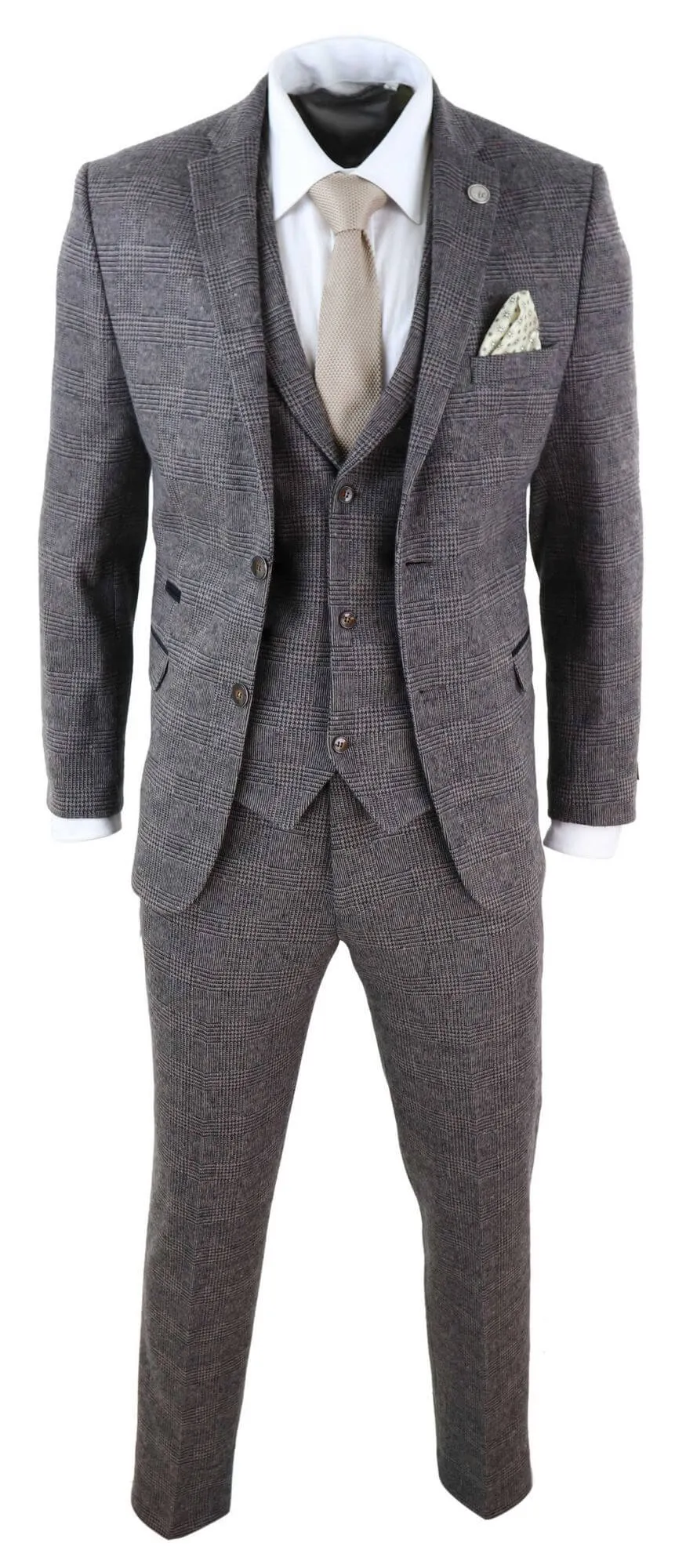 STZ17 Wool 3 Piece Check Suit Tweed Brown