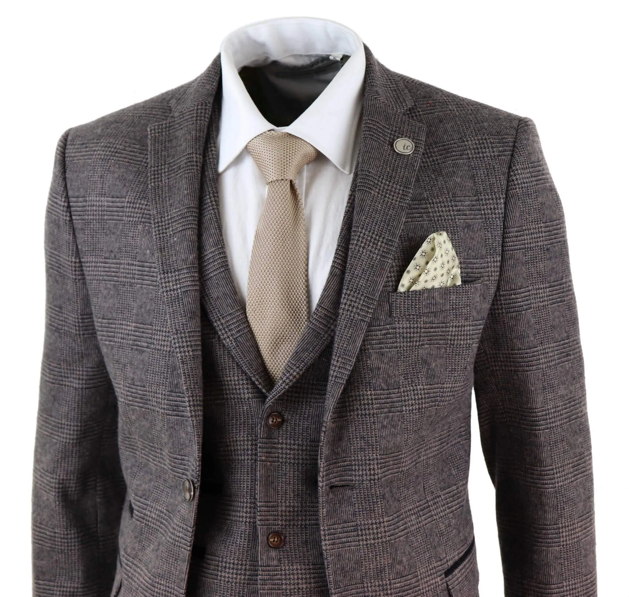 STZ17 Wool 3 Piece Check Suit Tweed Brown
