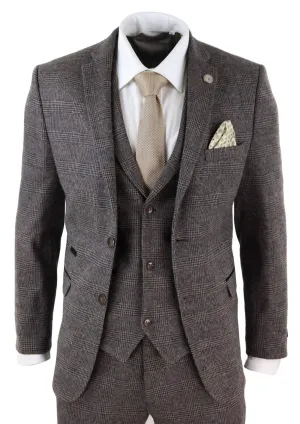 STZ17 Wool 3 Piece Check Suit Tweed Brown