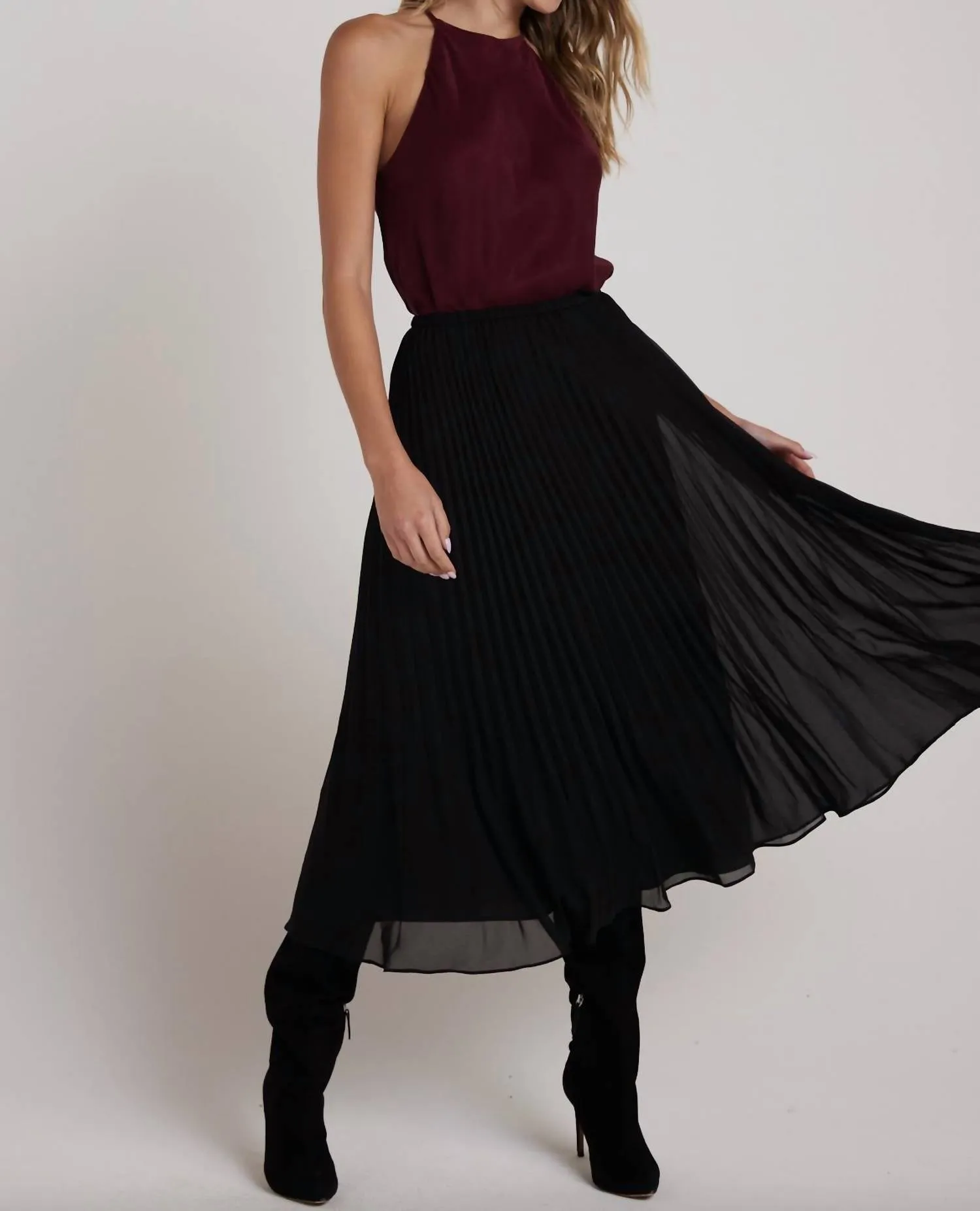 Sunburst Pleat Chiffon Midi Skirt In Black
