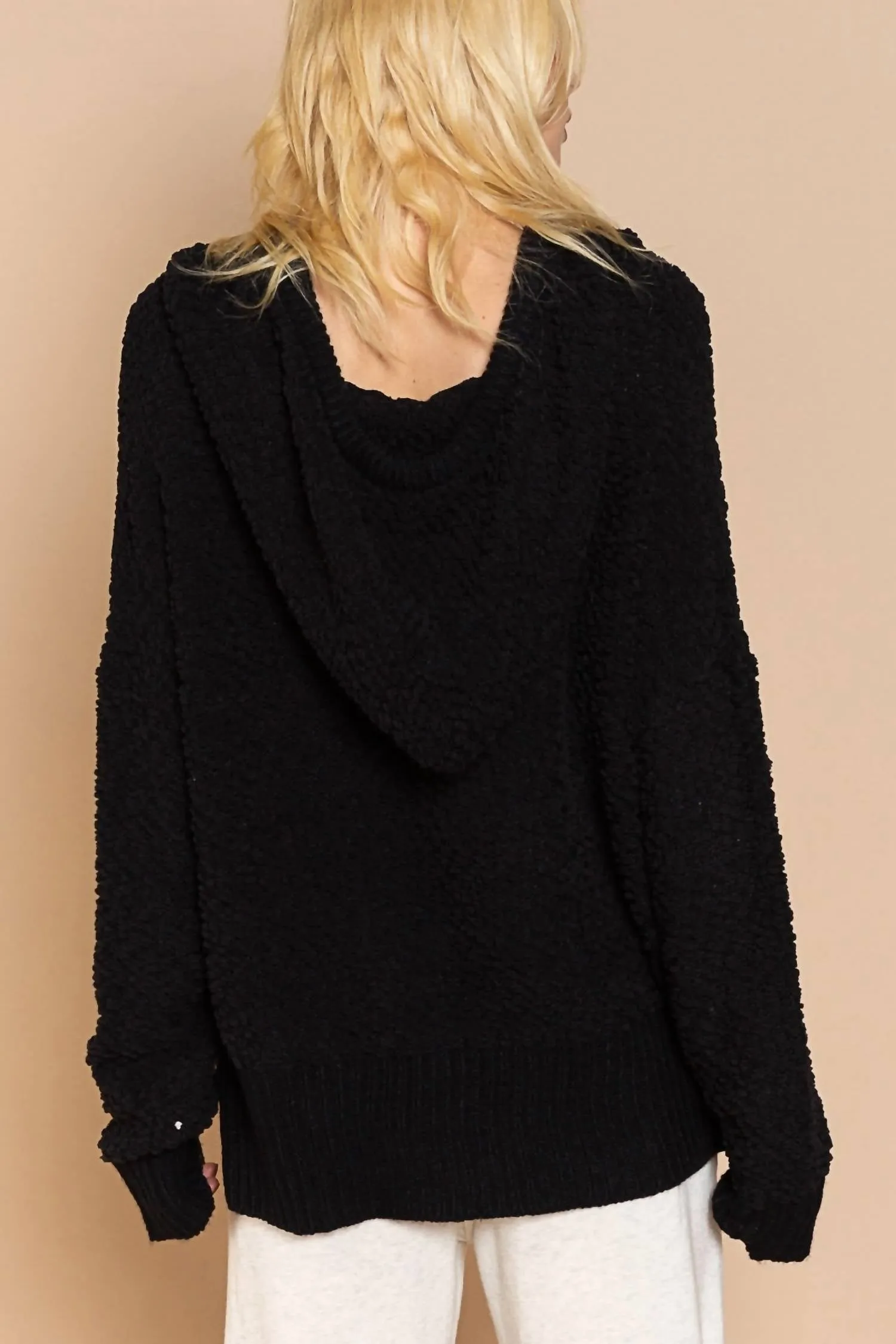 Textured Knit Hoodie In Black