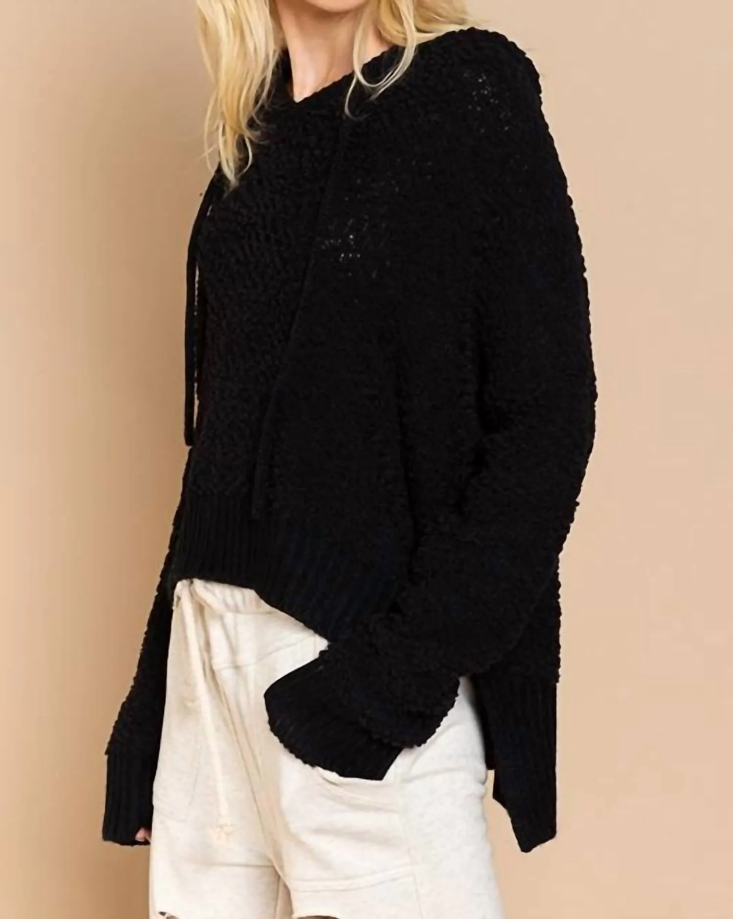 Textured Knit Hoodie In Black