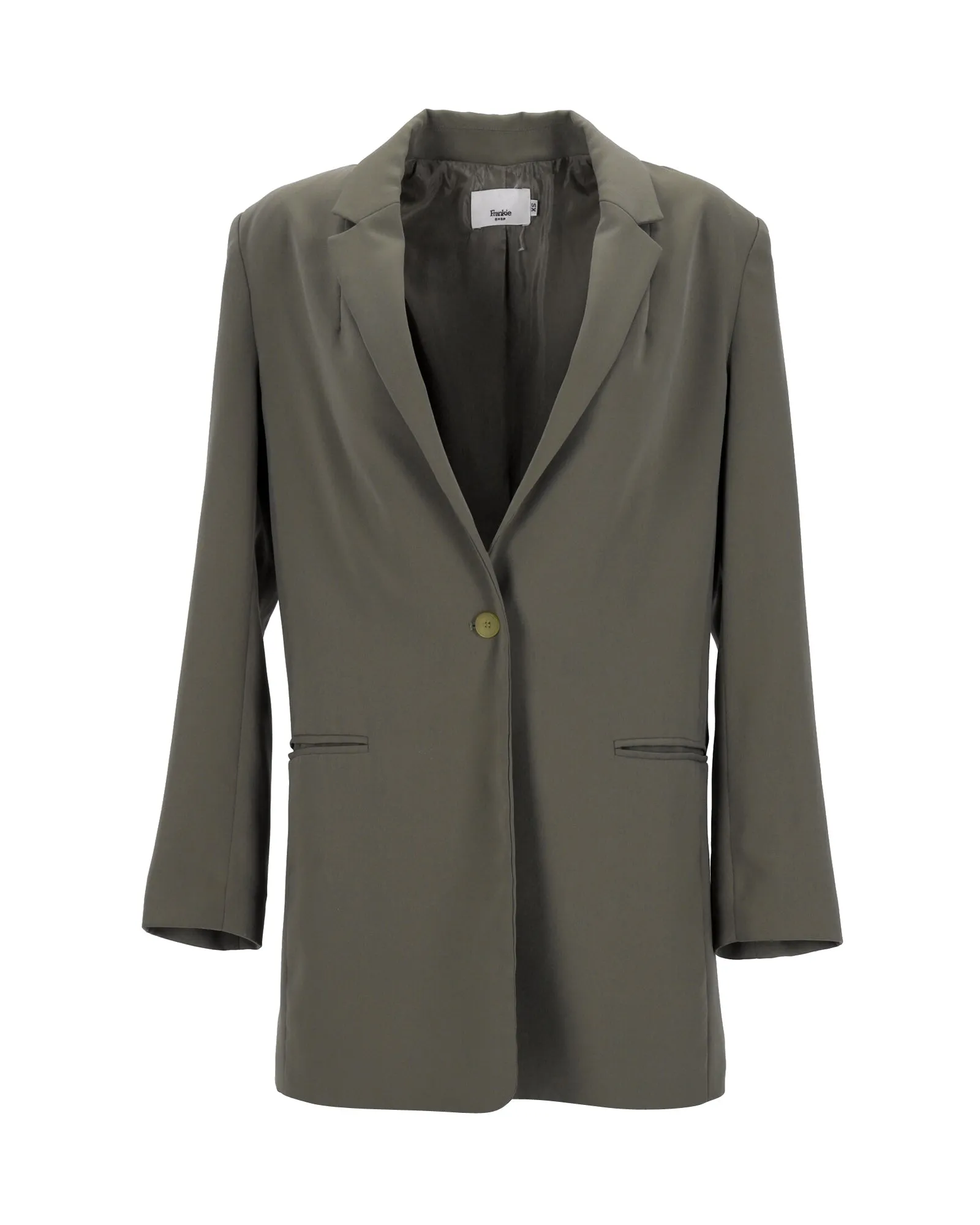 The Frankie Shop Single-Breasted Blazer in Olive Green Polyester