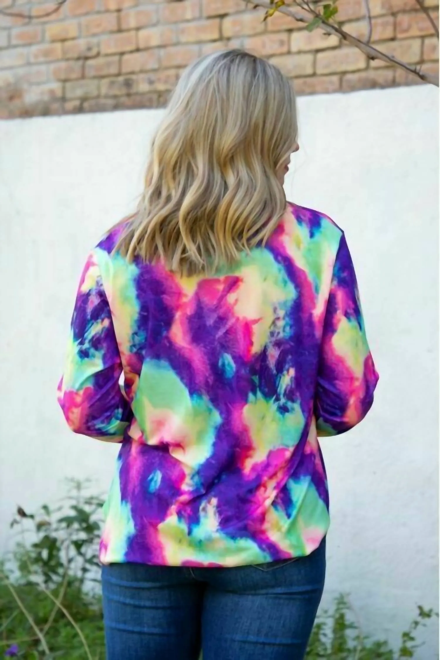 Tie Dye V Neck Sequin Pocket Bright Colors Top In Multi
