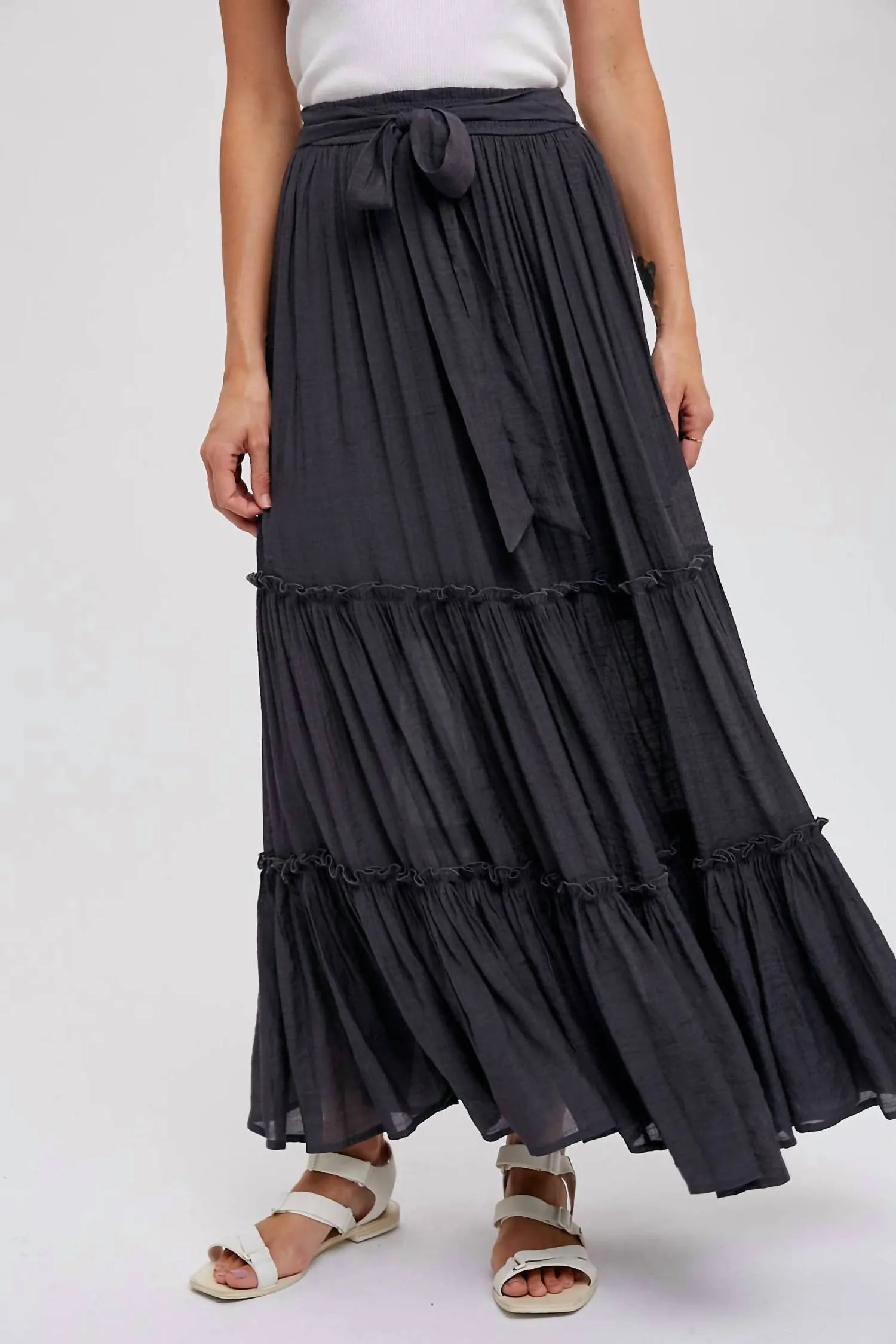 Tiered Ruffle Flowy Maxi Skirt In Ash