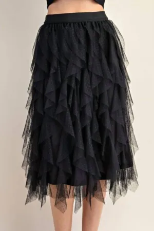 Tulle Layered Midi Skirts In Black Embellished