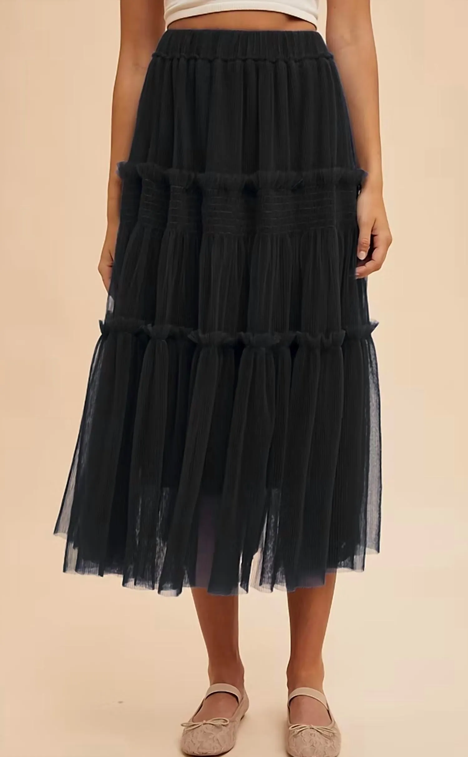 Tulle Tiered Midi Skirt In Black
