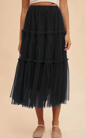 Tulle Tiered Midi Skirt In Black