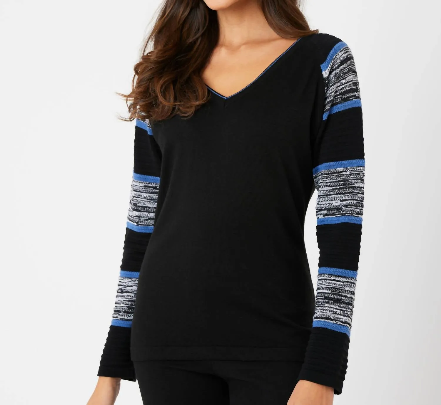Two Tone Sleeve V-Neck Top In Black/denim