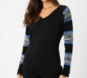 Two Tone Sleeve V-Neck Top In Black/denim